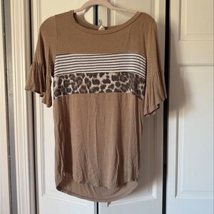 Brown Dolman Sleeve Relaxed T-Shirt with Ruffled Details